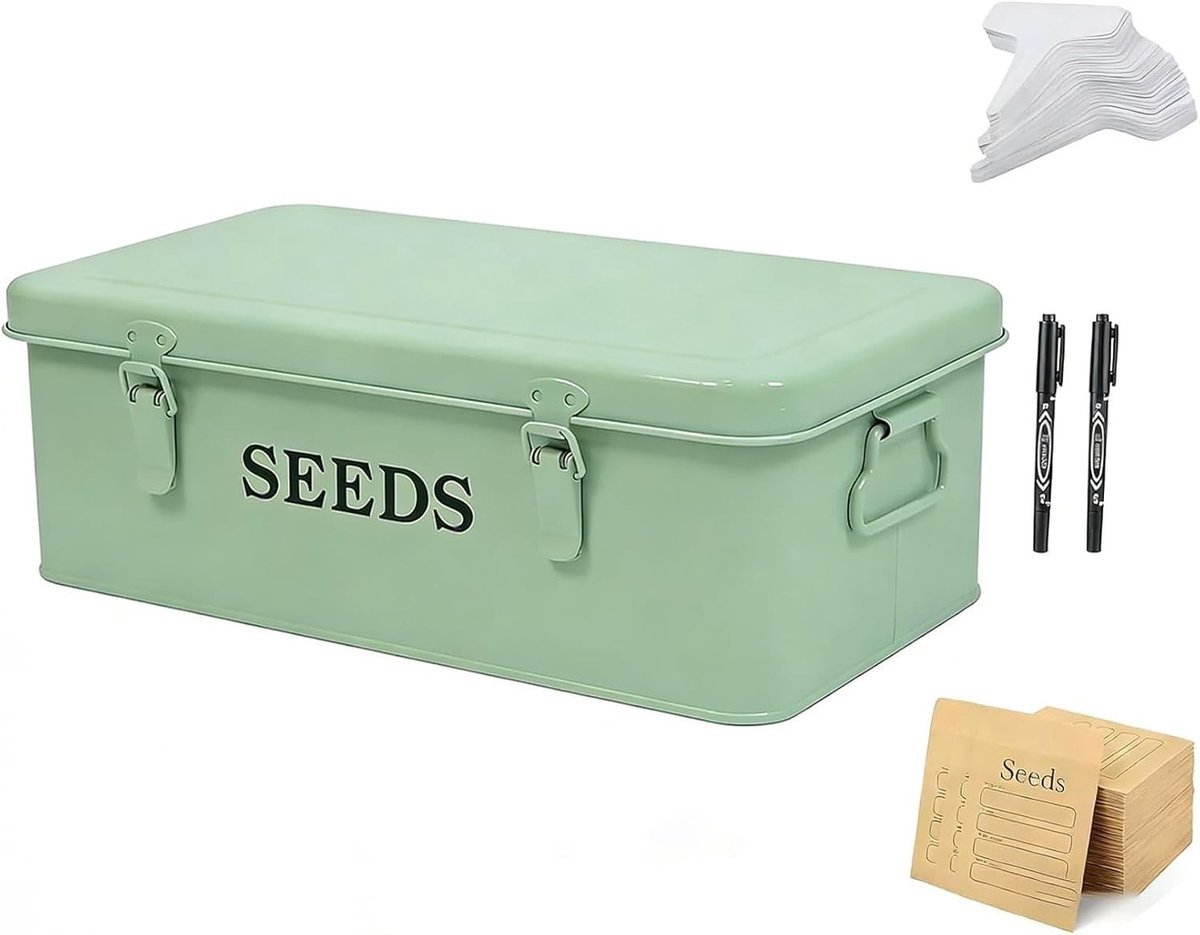Metalen zaaddoos voor tuinopslag, vintage design met deksel, inclusief stiften en plantenetiketten, ideaal voor zaadbeheer en organisatie