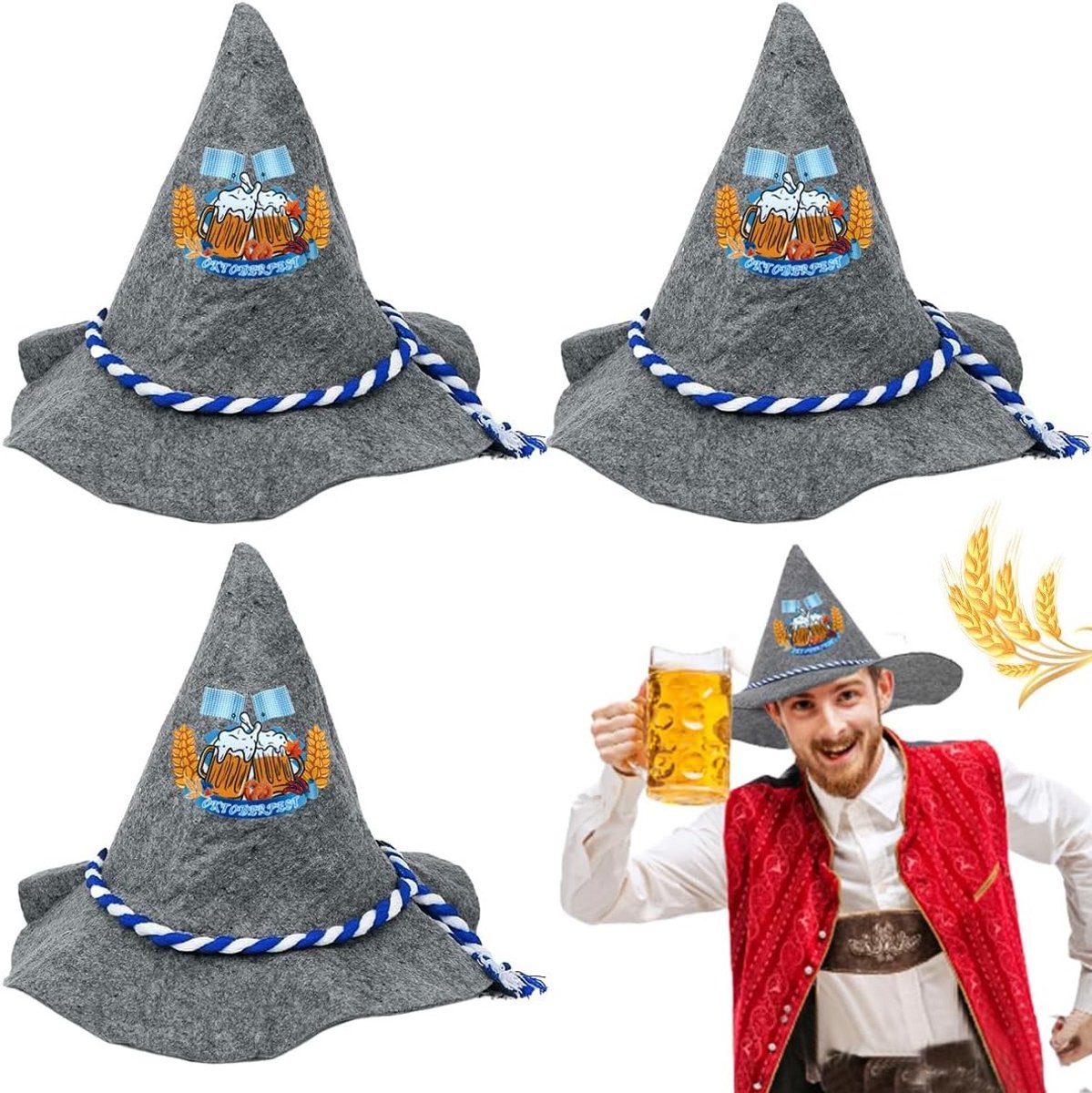 Bavariaanse Hoed voor Oktoberfest, 3-delig Kostuum Hoed voor Mannen en Vrouwen, Vilt Hoed met Blauw/Witte Koord, Traditionele Bavarian Outfit Accessoire