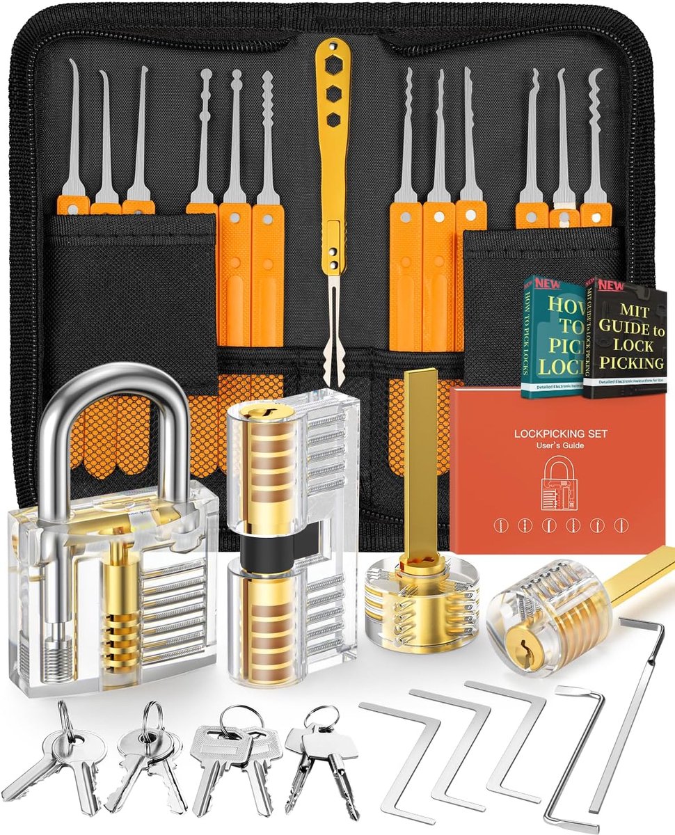 Lock Picking Kit, 32-delige Lock Pick Set met 4 Transparante Training Sloten en Handmatige en Zip Case voor Lockpicking, Extractor Tool voor Beginner en Slotenmaker Training (Oranje)