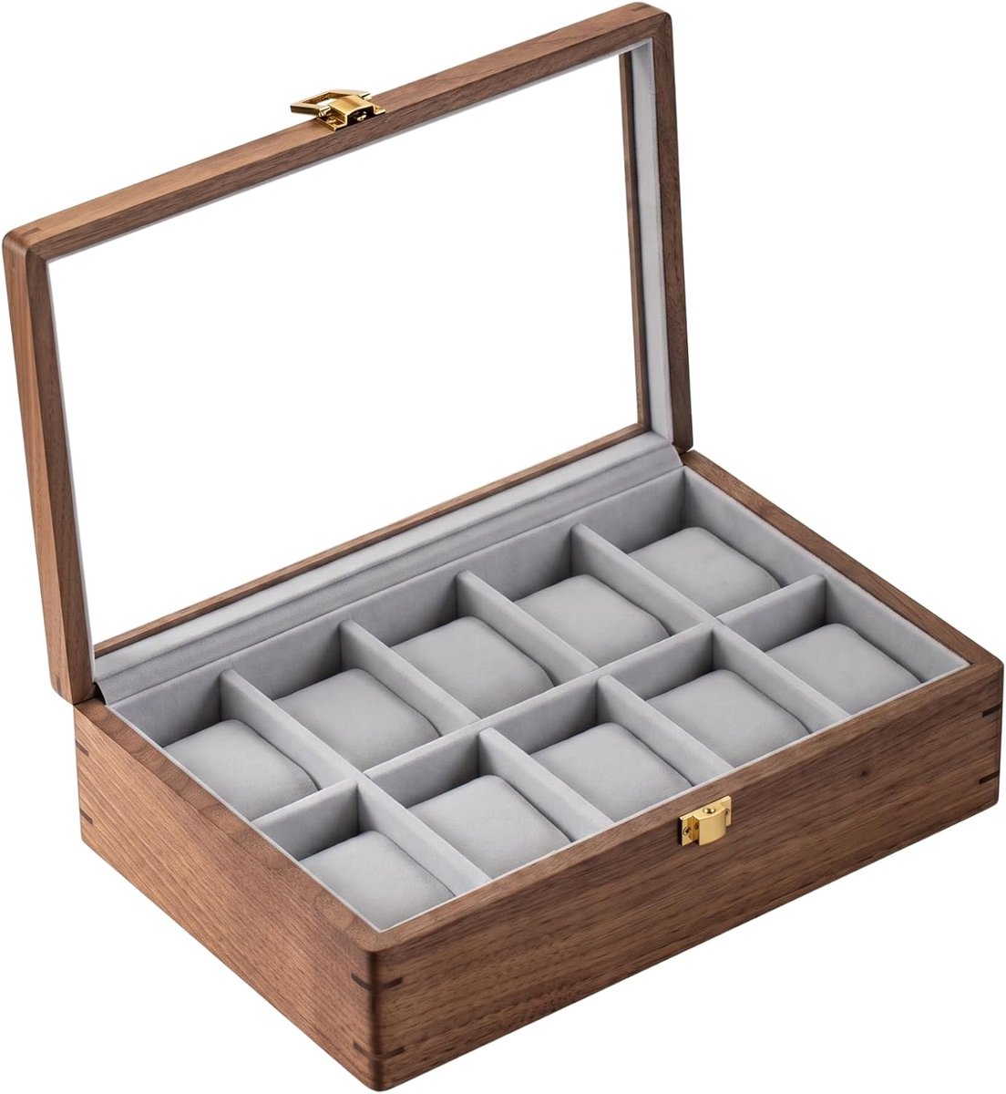 muso wood Horloge Display Box, 10 sleuven Horloge Case voor Mannen, Horloge Organizer Box met Glazen Deksel, Horloge Case met Verwijderbare Fluwelen Kussen, Vaderdag Gift - 10 Slot, Walnoot