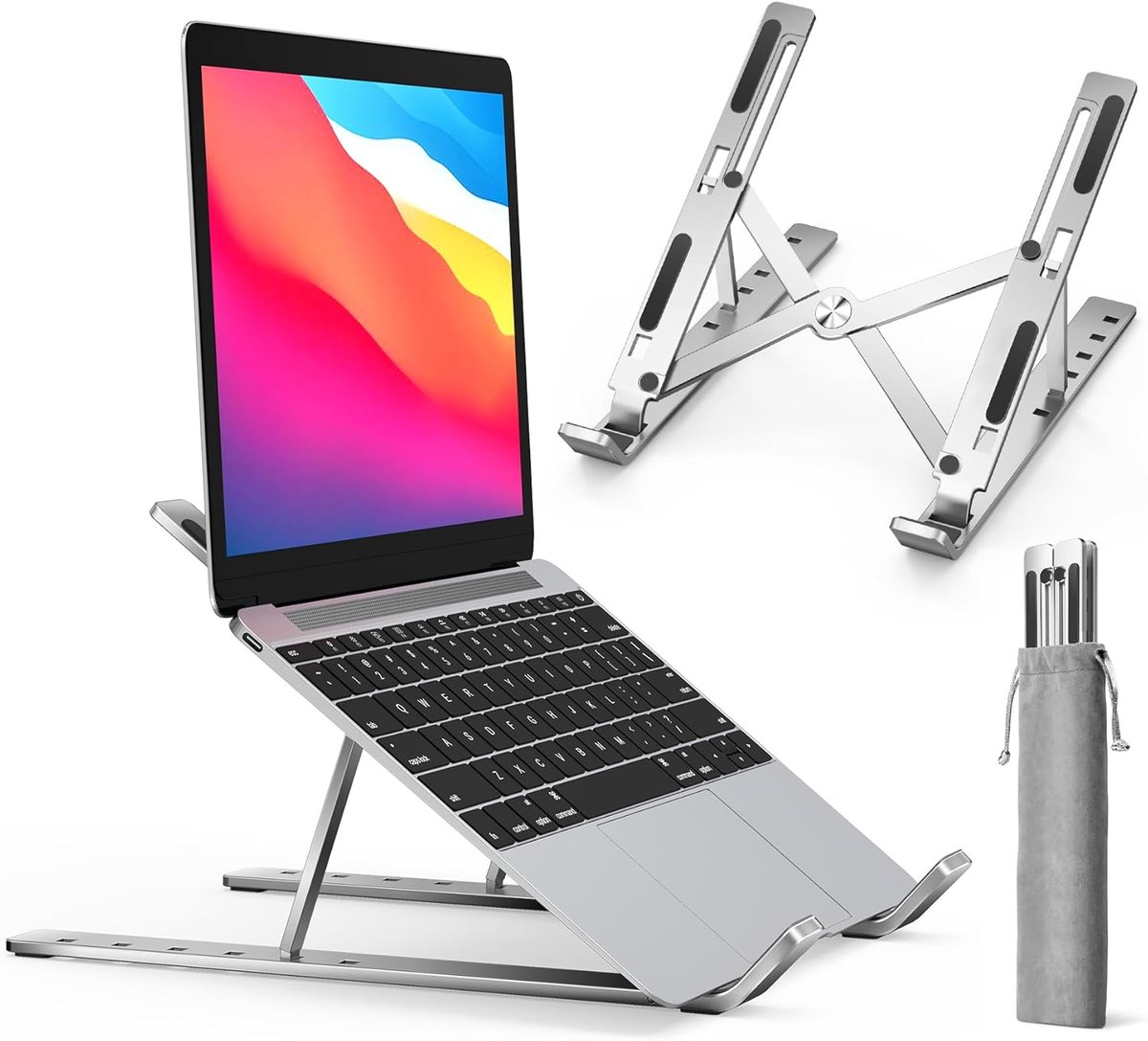 ivoler Laptopstandaard, opvouwbare laptopstandaard, 6 hoeken, verstelbaar, antislip, van aluminium, geventileerd, standaard, compatibel met laptop, tablet, zilverkleurig