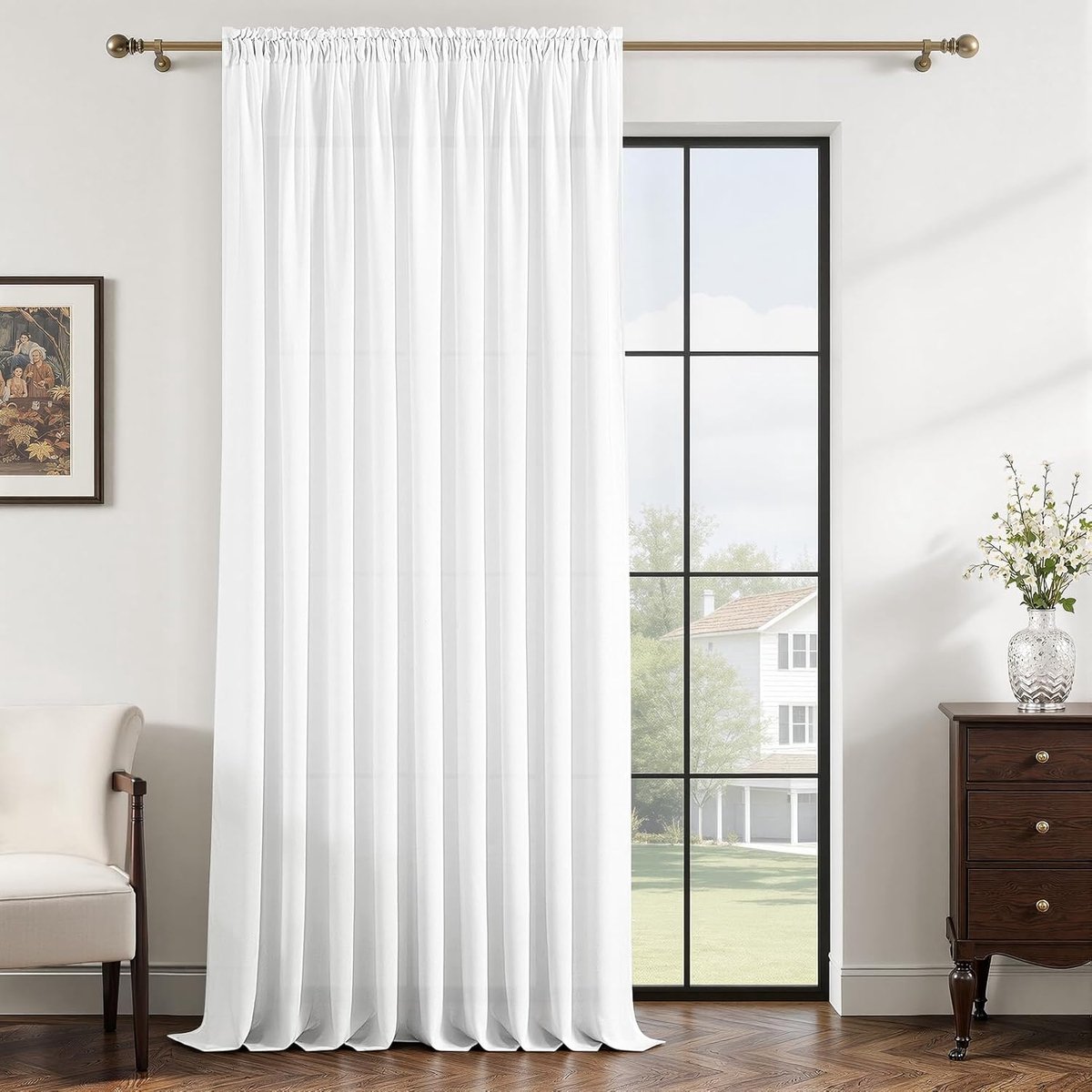 Linnen gordijnen wit met stangdoorgang linnenlook gordijn half-transparant 1-delige set, 240 cm lang, 300 cm breed, moderne gordijnen voor woonkamer slaapkamer binnendecoratie raam