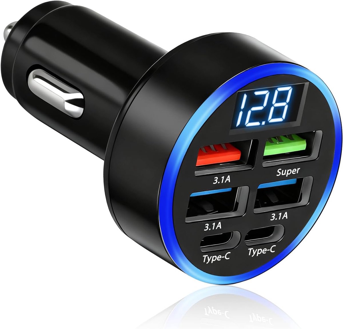 Autolader Sigarettenaansteker 6 Poorten 50W, USB-C & USB-A Snellader met LED-Display, 12V-24V Autoadapter, 2×USB-C + 4×USB-A (1×Super, 3×3.1A), Oplader voor iPhone, Samsung, Huawei, iPad, GPS