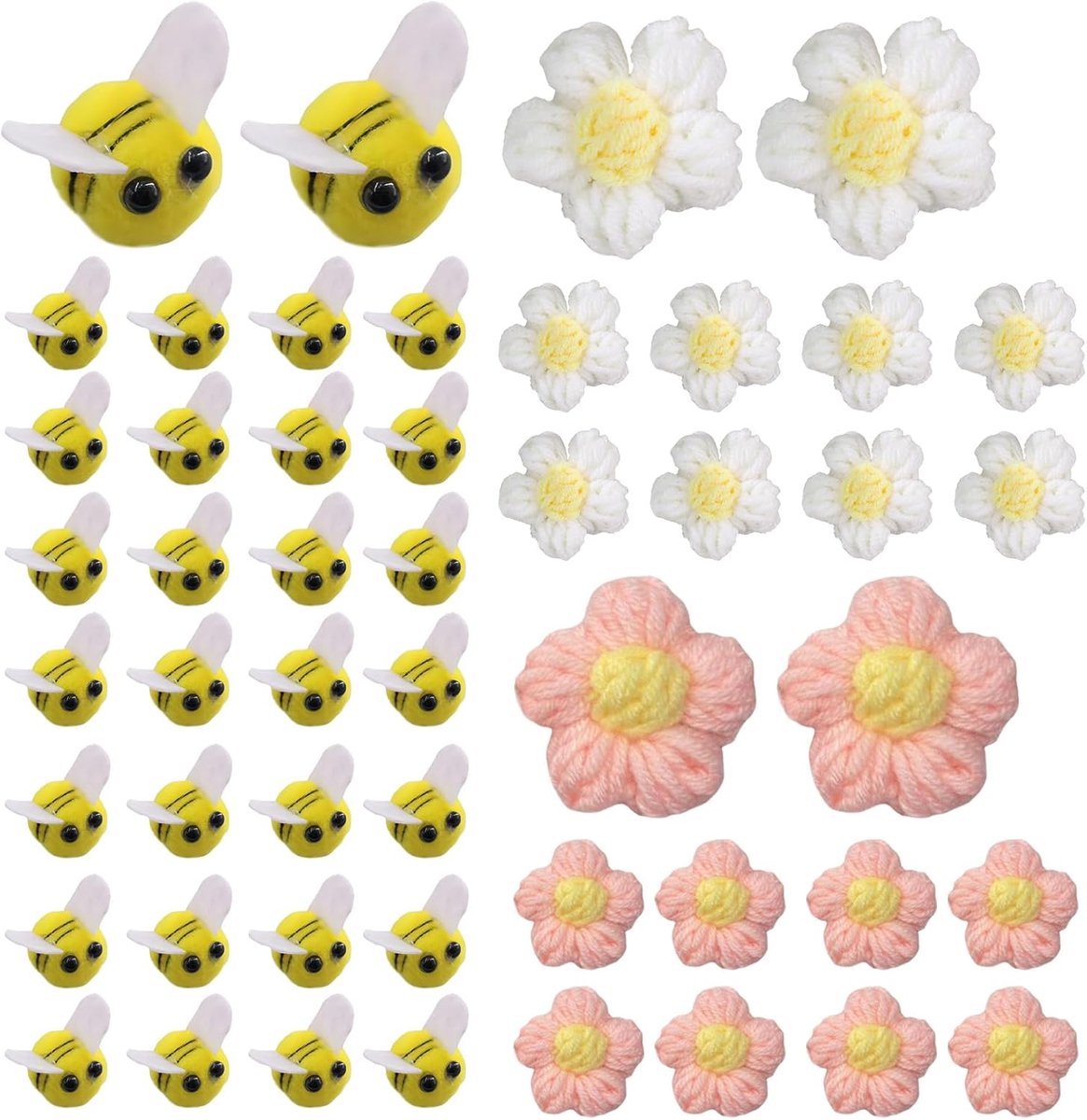 Pakket van 50 wolvilten bijendecoratie, 30 stuks bijendecoratie en 20 stuks gehaakte bloemen, kleine bijendecoratie, bijenkostuum accessoires voor DIY-knutselwinkel kledingdecoraties