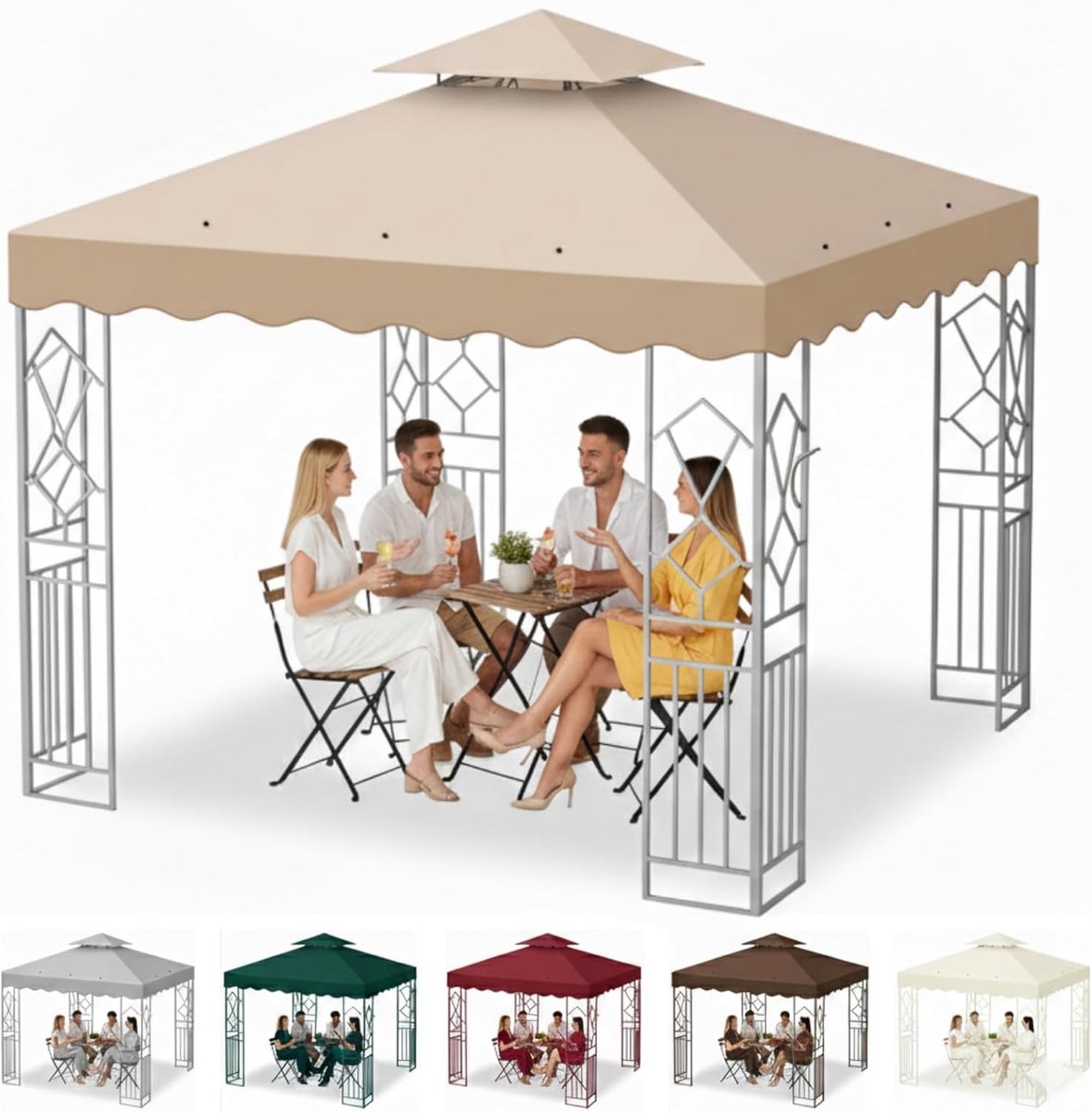dak voor paviljoen, 3 x 3 m, waterdicht, uv-bescherming, reservehoes, ademend, voor feest, barbecue, bruiloft, terras en camping, paviljoen (dubbel dak, kaki)