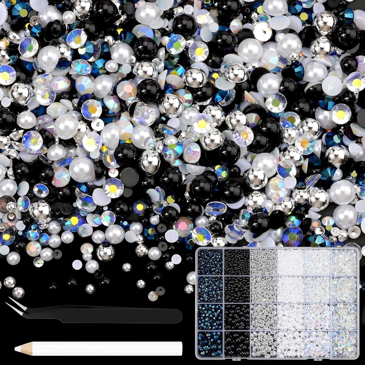 10.000 stuks strass-steentjes en kralen, zwart, wit, zilver, 3-8 mm, knutselkralen, hars, strasssteentjes, set, sieradenstift en pincet, geschikt voor nagelkunst, kleding, handgemaakte