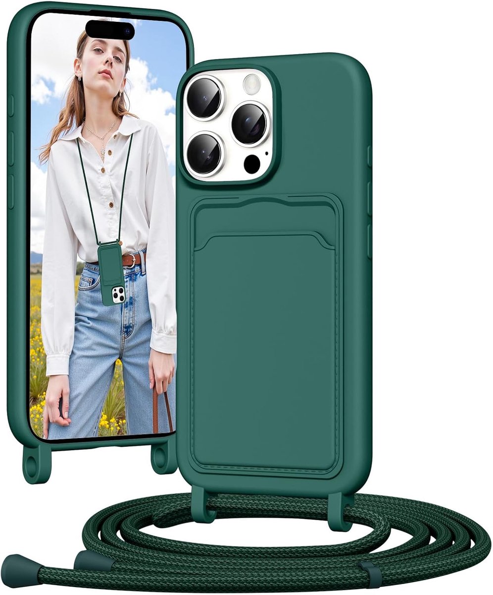 Mobiele telefoonband, siliconen hoes voor iPhone 16 Pro Max, telefoonhoes met kaartenvak, afneembaar verstelbaar koord, ketting om te hangen, stootvaste beschermhoes, donkergroen