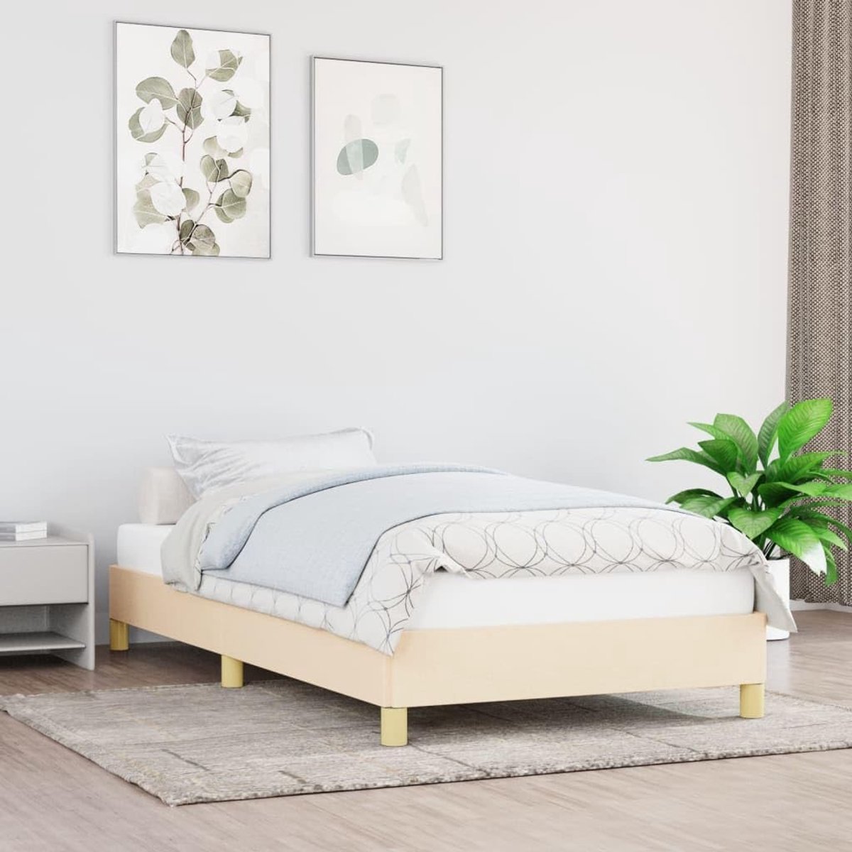 bedframe stevige poten multiplex lattenbodem crème 100x200 cm | Bedframe zonder matras 100x200 cm stof crème kleurig met stevige poten en multiplex lattenbodem