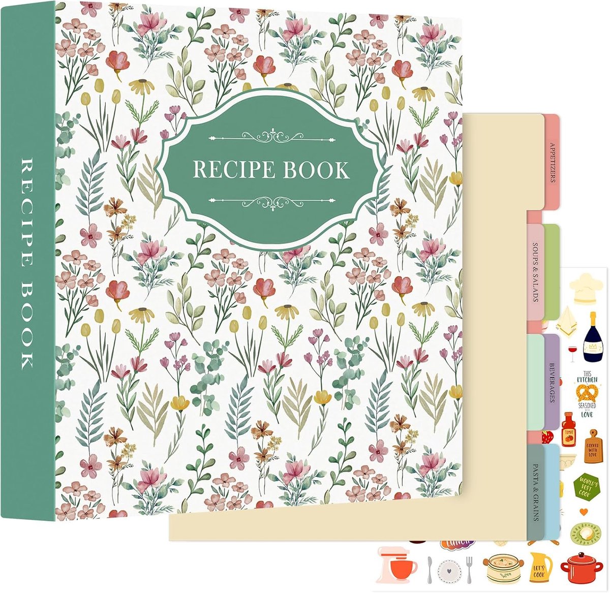 Receptbinder 29,6 x 31 cm ringkit, blanco organizer bindmiddel, receptenboek, waterdicht kookboek om in je eigen recepten te schrijven met 60 plastic hoezen, 116 recepten, verdelers, etiketten