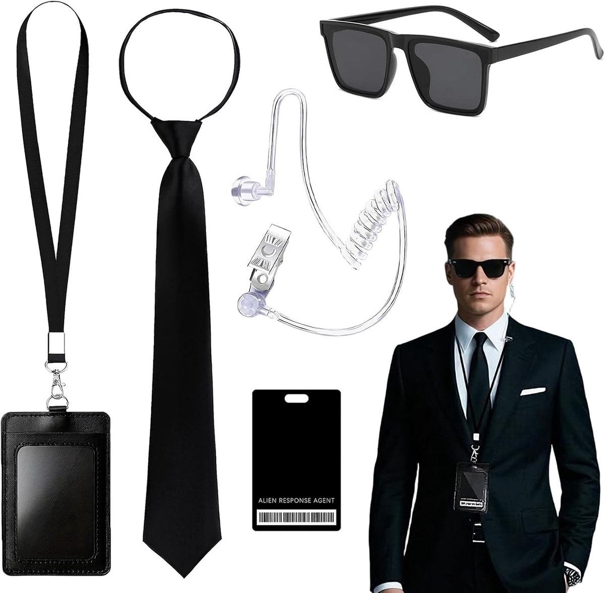 5 stuks agent kostuum accessoires, man in zwart kostuum met zonnebril, stropdas, kaarthouder, nep-hoofdtelefoon, kaarten, voor spion voor carnaval cosplay
