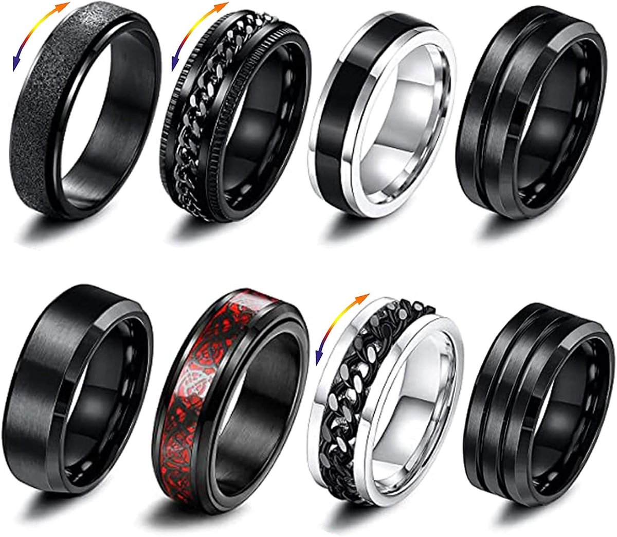 RVS Spinner Ring - 8 stuks zwarte spinner ringen voor mannen vrouwen - Cool Twisted Chain Angst Ringen Mannen Ringen Zwarte Spinner Ring Set