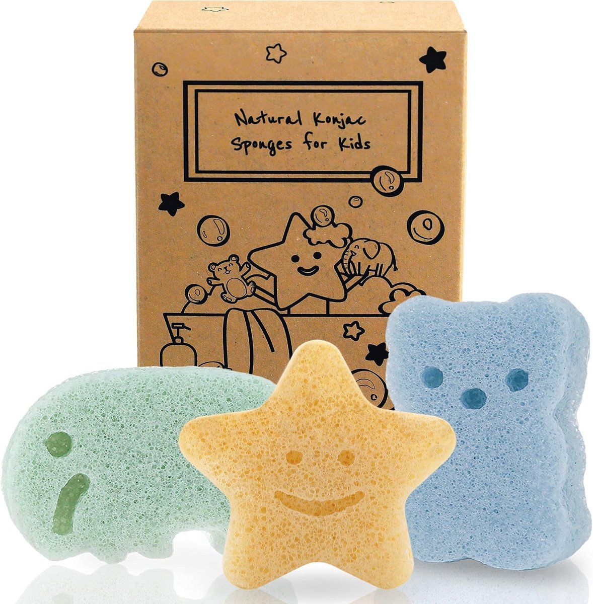 SnelShoppen - Konjac Bad Spons Set van 3 Natuurlijke Plantenvezels Bad en Douche Lichaamsreiniger Olifant Beer Ster voor Kinderen en Volwassenen