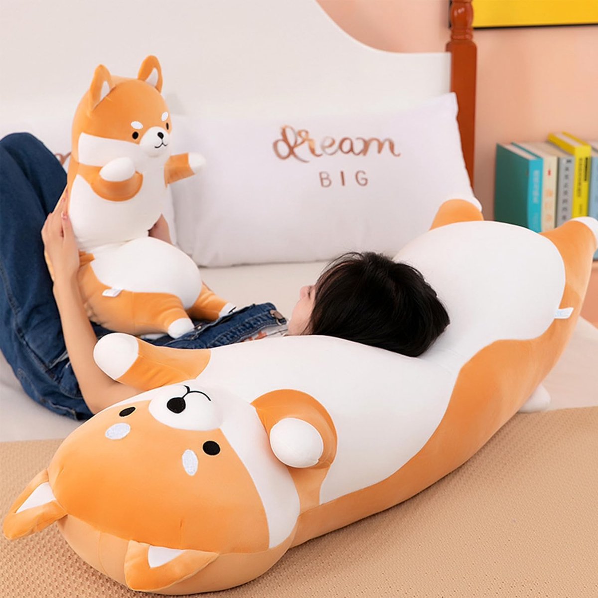 Shiba Inu & Corgi Knuffelkussen - Extra Zachte Pluchen Hond - Lichaamskussen voor Kinderen en Volwassenen - Ideaal Cadeau(Geel,110cm)