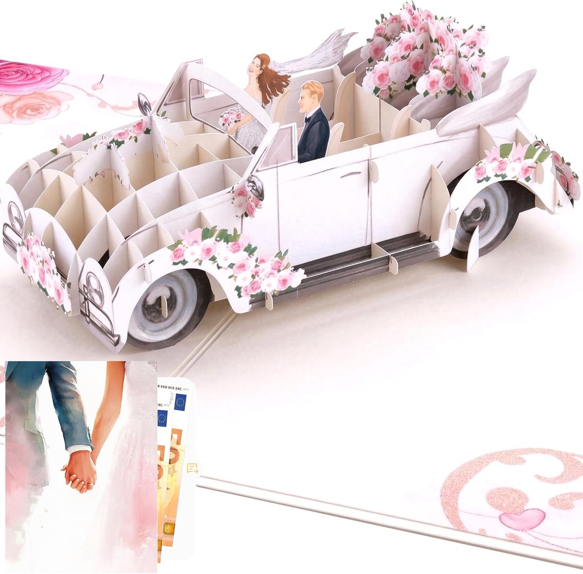 3D Pop-up Trouwkaart Trouwauto – Luxe Handgemaakte Wenskaart voor Bruiloft & Huwelijk – Origineel Geldcadeau & Cadeaubon Huwelijksreis – Inclusief Notitiekaart & Envelop