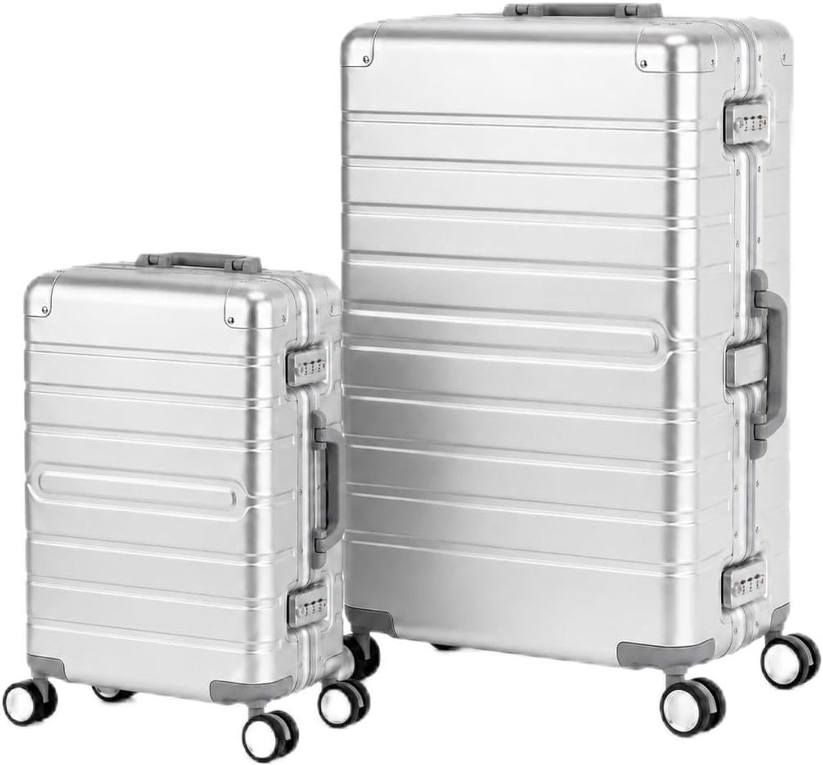 SnelShoppen - Harde Koffer Set van 100% Aluminium, Grote & Handbagage, Met TSA Slot, 4 Wielen, Uitschuifbare Handgreep, Zilver, Ideaal voor Reizen, Za