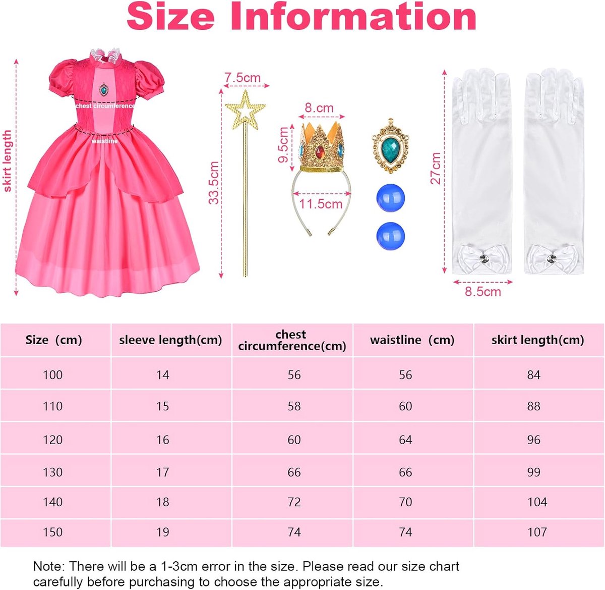 Prinses kostuum voor meisjes, 6 stuks Roze Prinsessenjurk met Kroon Oorbellen Handschoenen Broche & Wand, Roze Prinsessenperzikoutfit, Perzikprinsesjurk voor kinderen