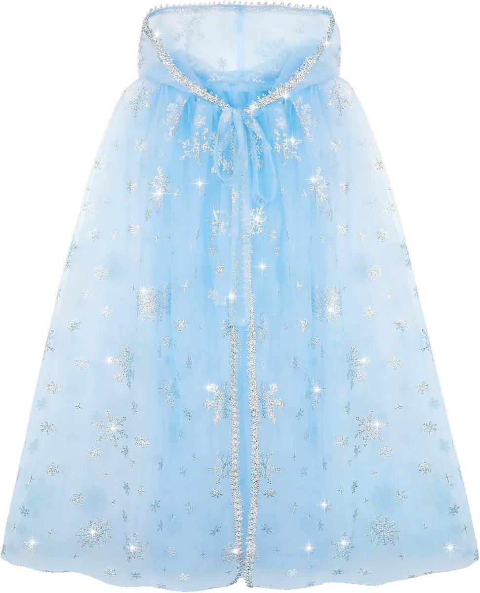 Prinses cape met capuchon, blauwe prinsessenmantel, sprankelende sneeuwvlok cape, prinses verkleedaccessoires, prinsessenjurk voor meisjes, prinses cosplay