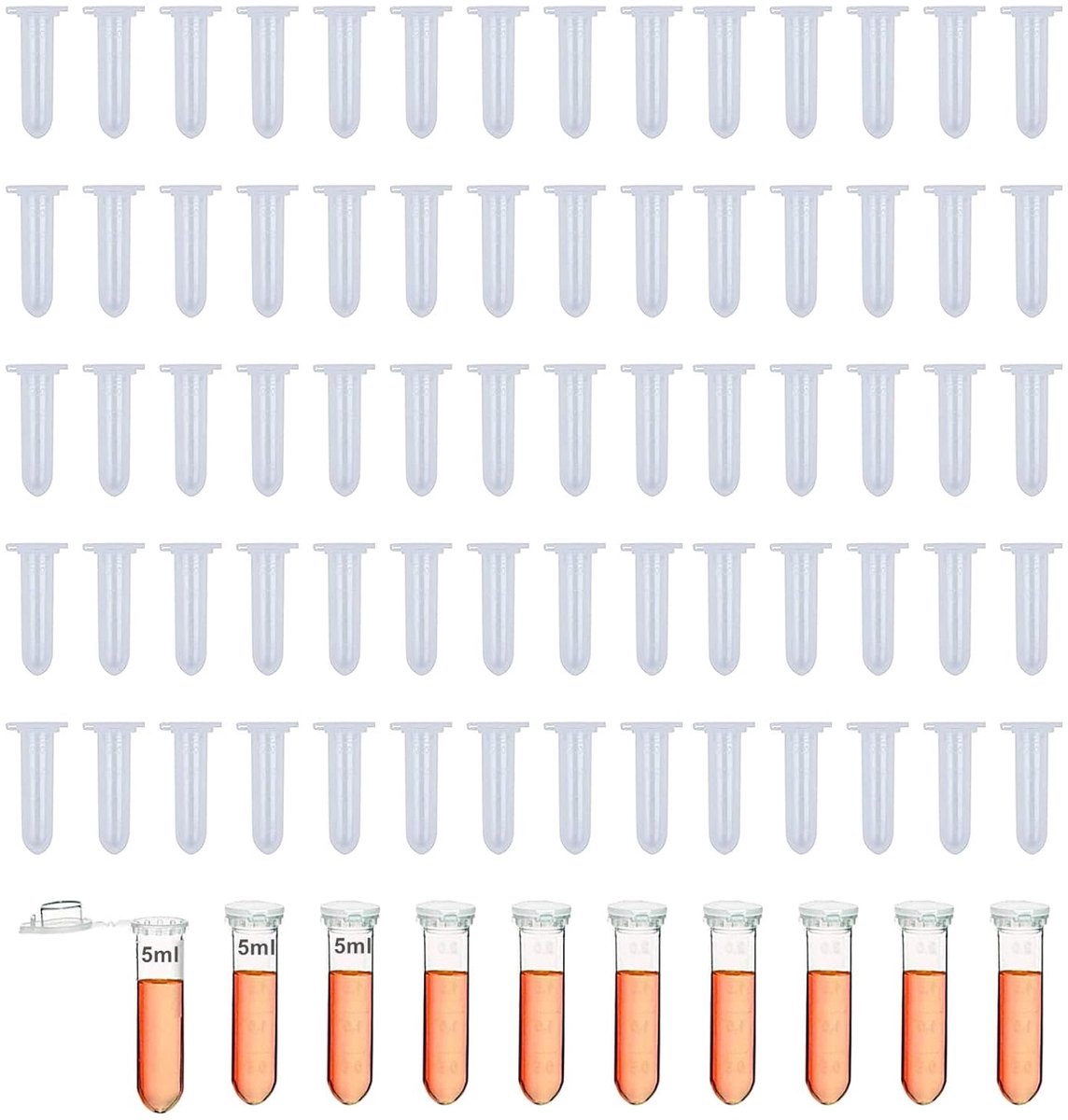 80 stuks microcentrifugebuizen, reagevaten 5 ml transparant, kunststof centrifuge, reageerbuisjes, reageerbuisjes, monsteropslag vial met snapdop