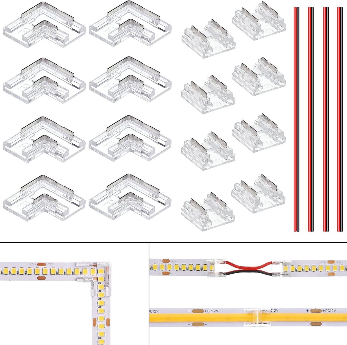 10 mm 2 polige Connectoren LED Strip Stekker 8 stuks en LED Strip Hoekconnector L Vorm 8 stuks voor Niet Bekabelde Soldeervrije SMD COB LED Verlichting Strips Hoek of Verlengde Verbinding