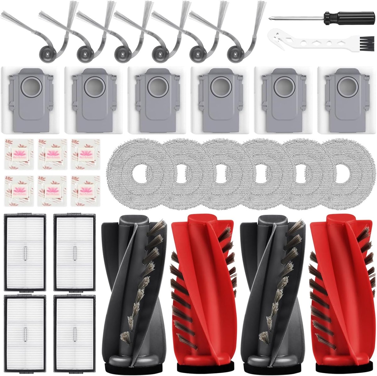 34-pack accessoireset voor Roborock Saros 10R/Qrevo CurvX/Qrevo Curv 2 ProX/Curv 2 Pro robotstofzuiger, 4 hoofdborstels, 4 filters, 6 dweilpads, 6 stofzakken, platte geursteen, 6 zijborstels, 1