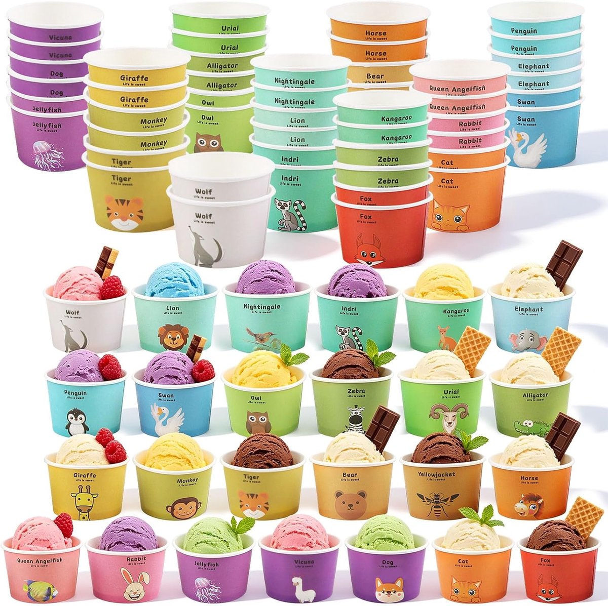 Materialen in levensmiddelenkwaliteit ijsbekers karton, 50 stuks x van papier, met 50 lepels, papieren ijsbekers, schattig patroon, feestbeker voor ijs, frozen yoghurt, soep, pastelstrepen