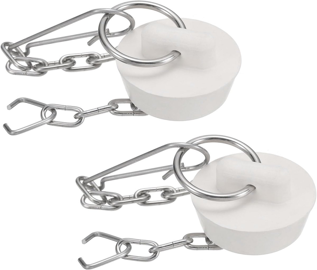 2 stuks badstoppers van rubber, 25-28 mm, voor afvoer in de keuken, afvoerstop voor badkamer met trekring en ketting van roestvrij staal, wit