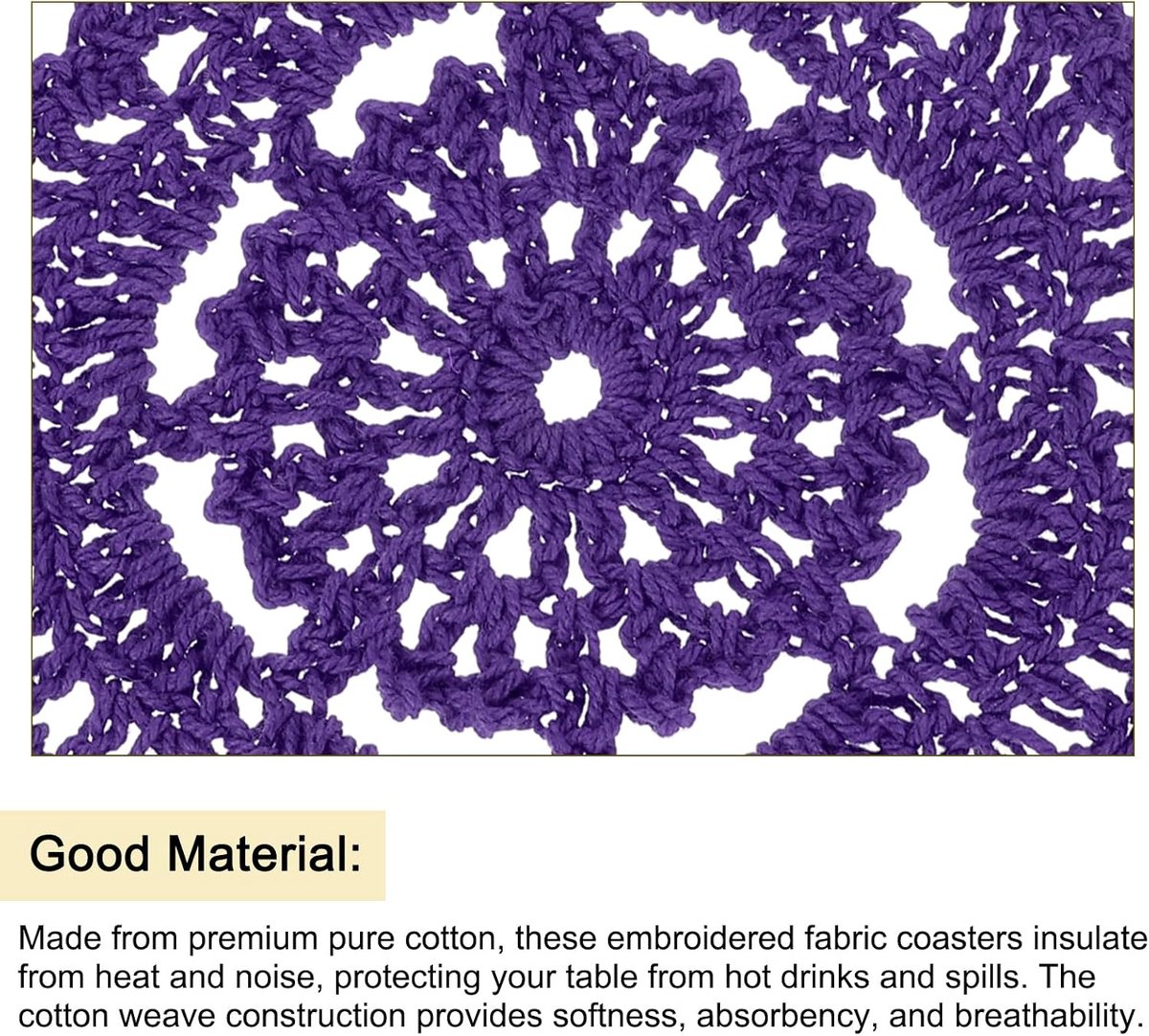 Crochet Doilies, 4 stuks 105 mm geweven katoenen onderzetters, ronde handgemaakte onderzetters met bloemenpatroon voor bruiloftsdecoraties (donkerpaars)