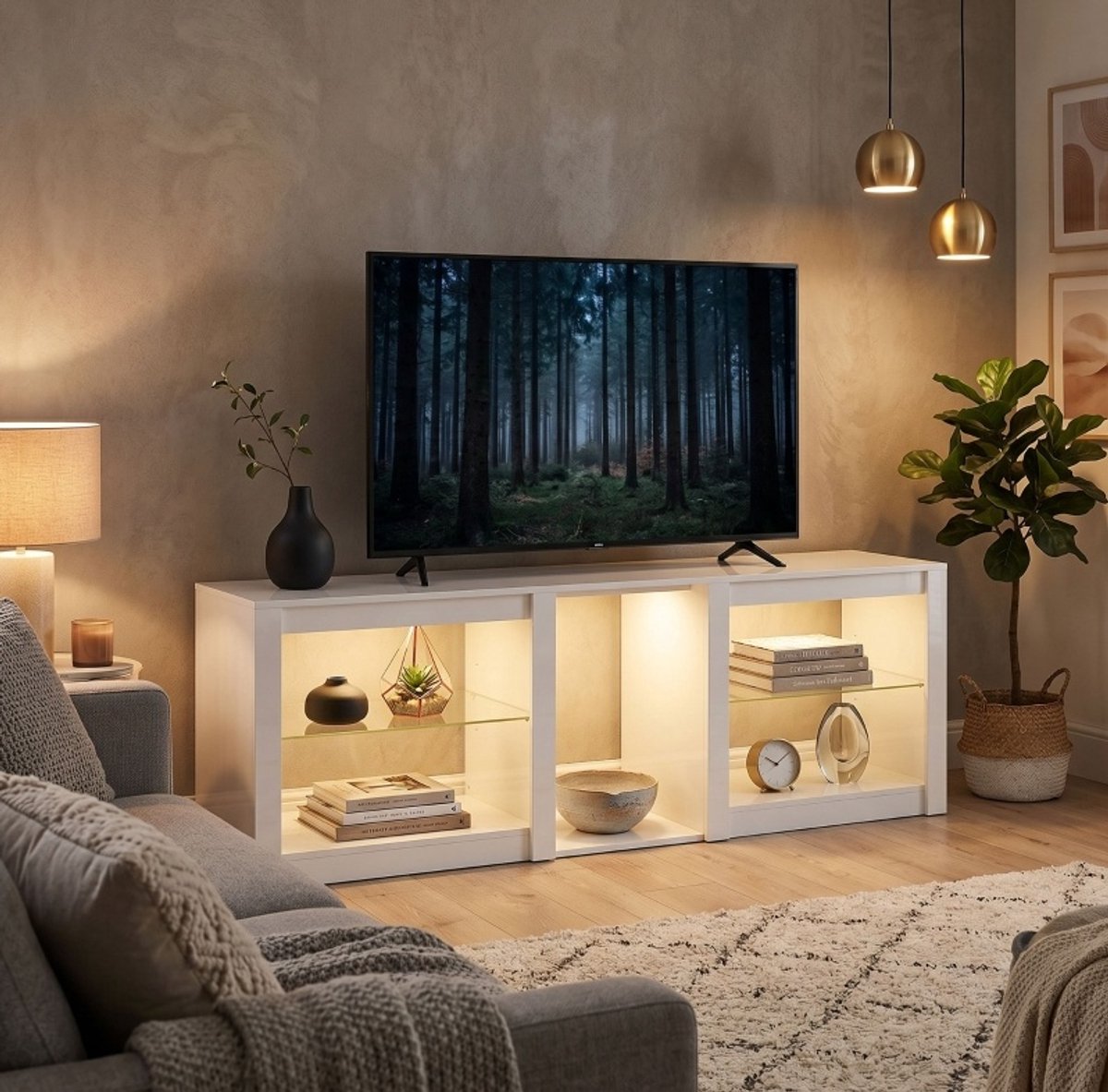 FloraGrace Dressoir - Tv-Meubel Met RGB-Ledverlichting En Verstelbare Glazen Planken - Voor Woonkamer - Hout En Glas - 160x35x52 Cm - Wit