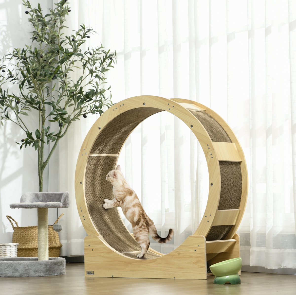 COVREO Kattenloopwiel 91 x 33,5 x 94 cm, oak, hout, met rem en krabmat