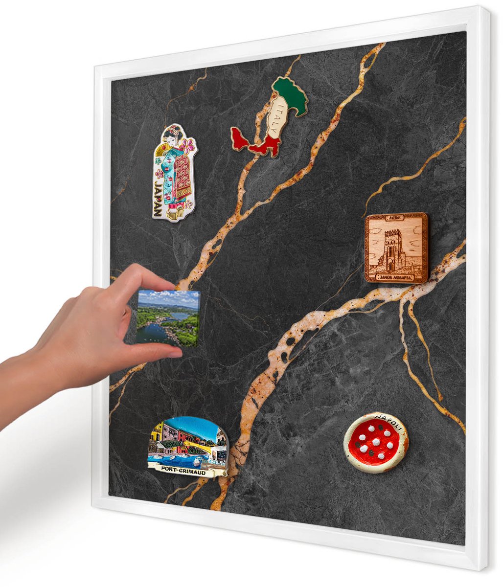 Artprintcave Zwart Magneetbord mit Witte Lijst - 50x50 cm - Marmeren Linten Magneetbord Voor Keuken - Abstract Memobord Keuken - Texturen
