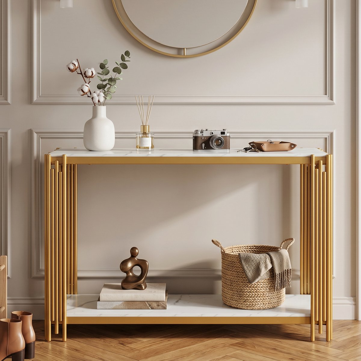 STILVORA Sidetable - Console Tafel Met 2 Planken In Marmerlook - Modern Voor Hal, Woonkamer En Slaapkamer - MDF En Metaal - Goud En Wit - 123,5x33,5x80 Cm
