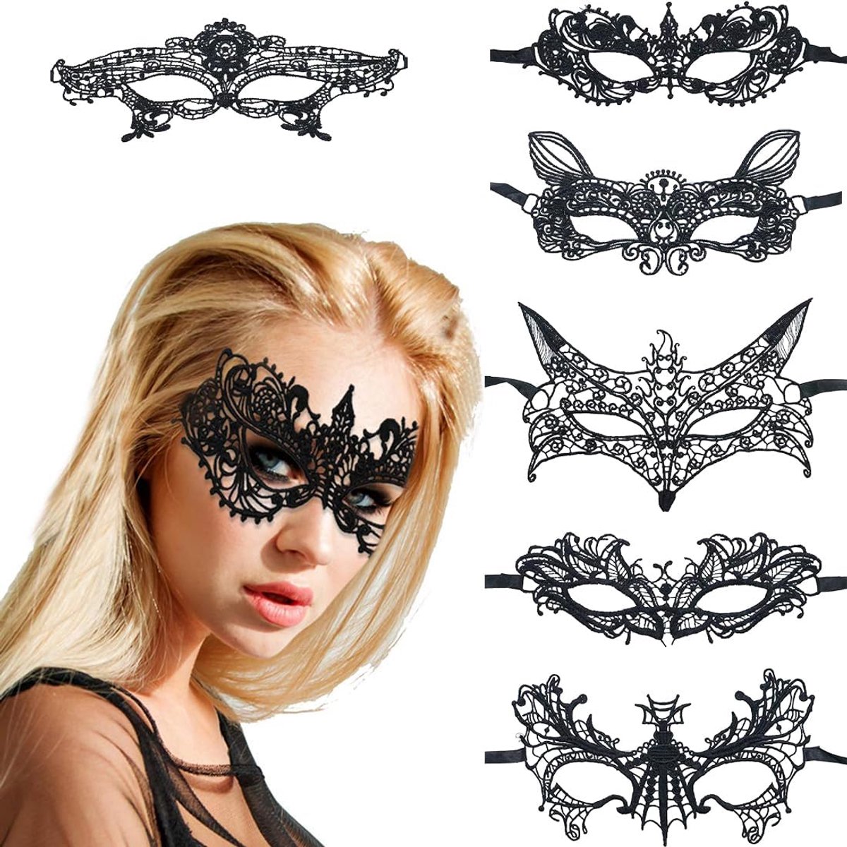 Carnaval masker set van 6 - zwart kant - sexy design - ideaal voor Halloween en cosplay - SnelShoppen