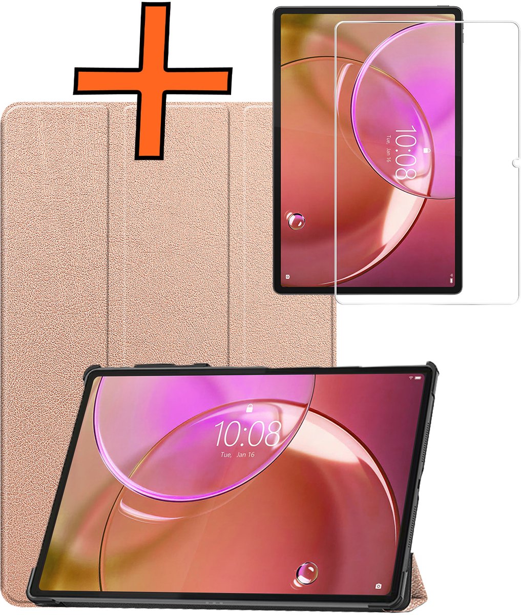 Hoesje - Geschikt voor Lenovo Idea Tab Pro Gen 2 - Met Screenprotector - Trifold Bookcase - Hard Cover - Hardcover Book Case - Tablet Hoes - Rosé goud