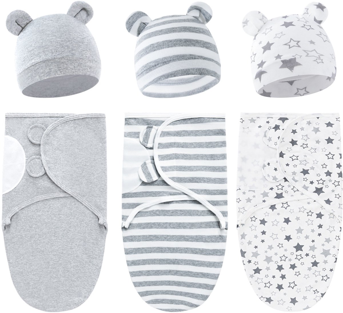 Set van 3 babywikkeldekens, 100% katoen, zacht en ademend, met schattige capuchons. Geschikt voor baby's van 0-3 maanden en pasgeborenen om schrikreacties te voorkomen,Set 11