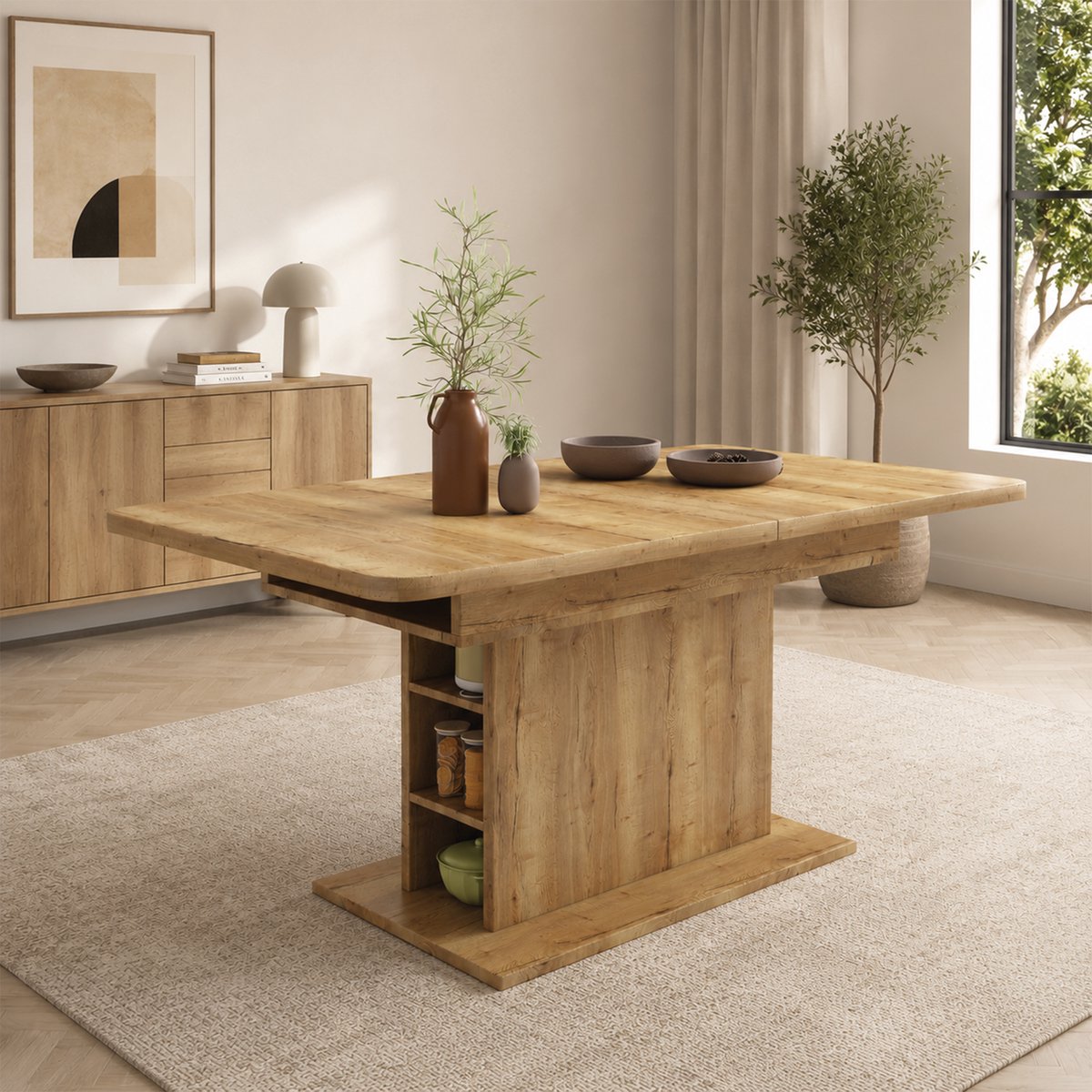 Zubaliya Uitschuifbare Eettafel 110-130 cm - Rechthoekige Eettafel Met Opbergruimte En Stalen Frame Natuur Natuurlijk