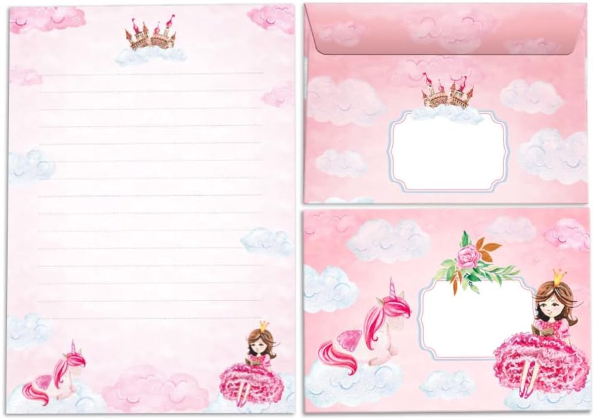 Briefpapier set meisjes prinses - Eenhoorn notitieblok A5 - 25 vellen + 15 zelfklevende enveloppen - Creatief schrijven - ShopVlot