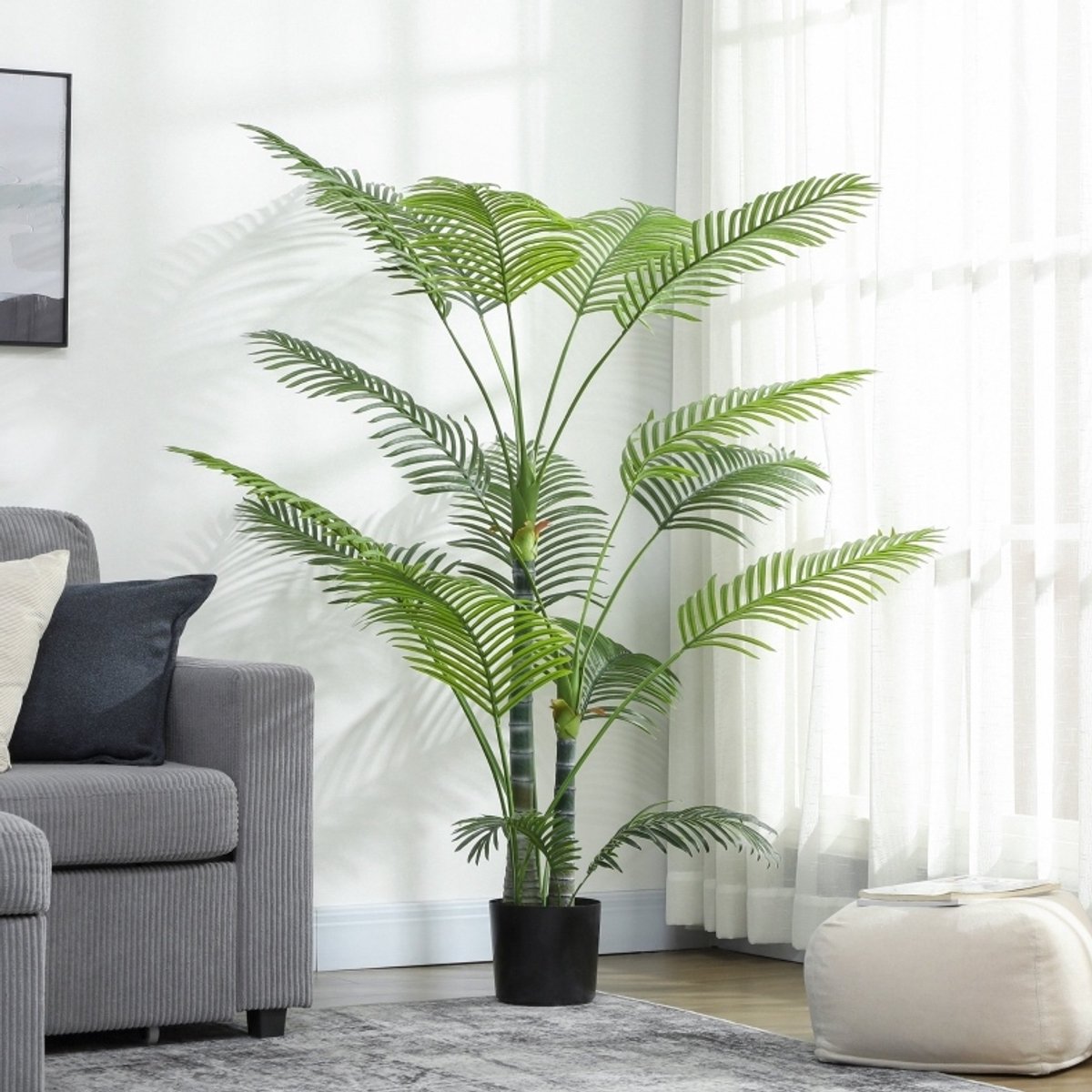 FloraGrace Kunstmatige Palm – 175 cm Hoog – UV-Bestendig Met 16 Bladeren – Plastic – Groen – Voor Binnen En Buiten – Met Pot