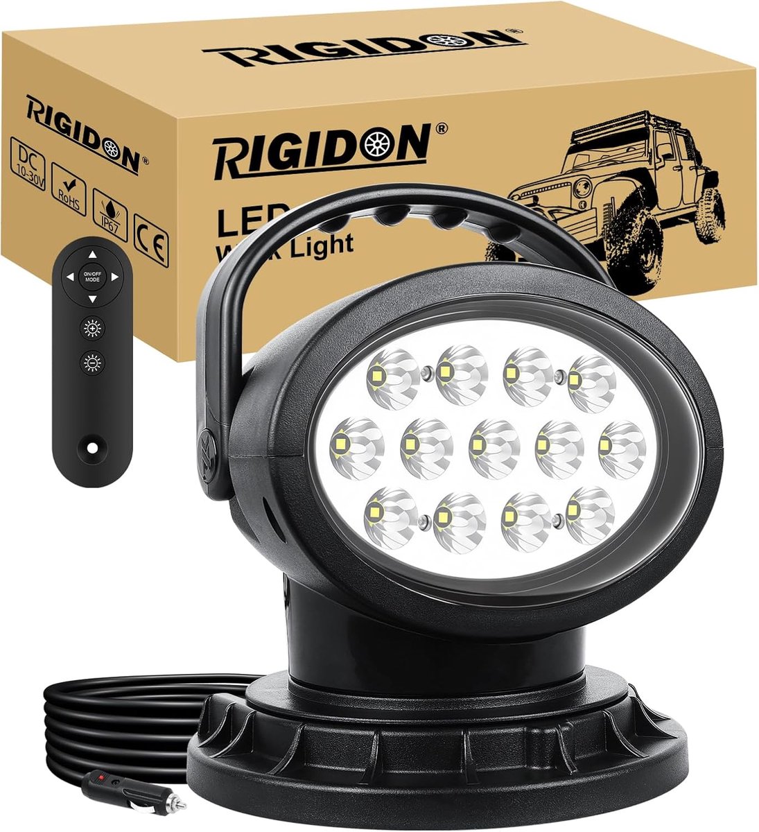 SnelShoppen - RIGIDON Veiligheids Nood Led Zoeklicht 38W 3800LM Draagbare Stroboscoop Floodlight met Sterke Magneten 360° Draaibare Afstandsbediening