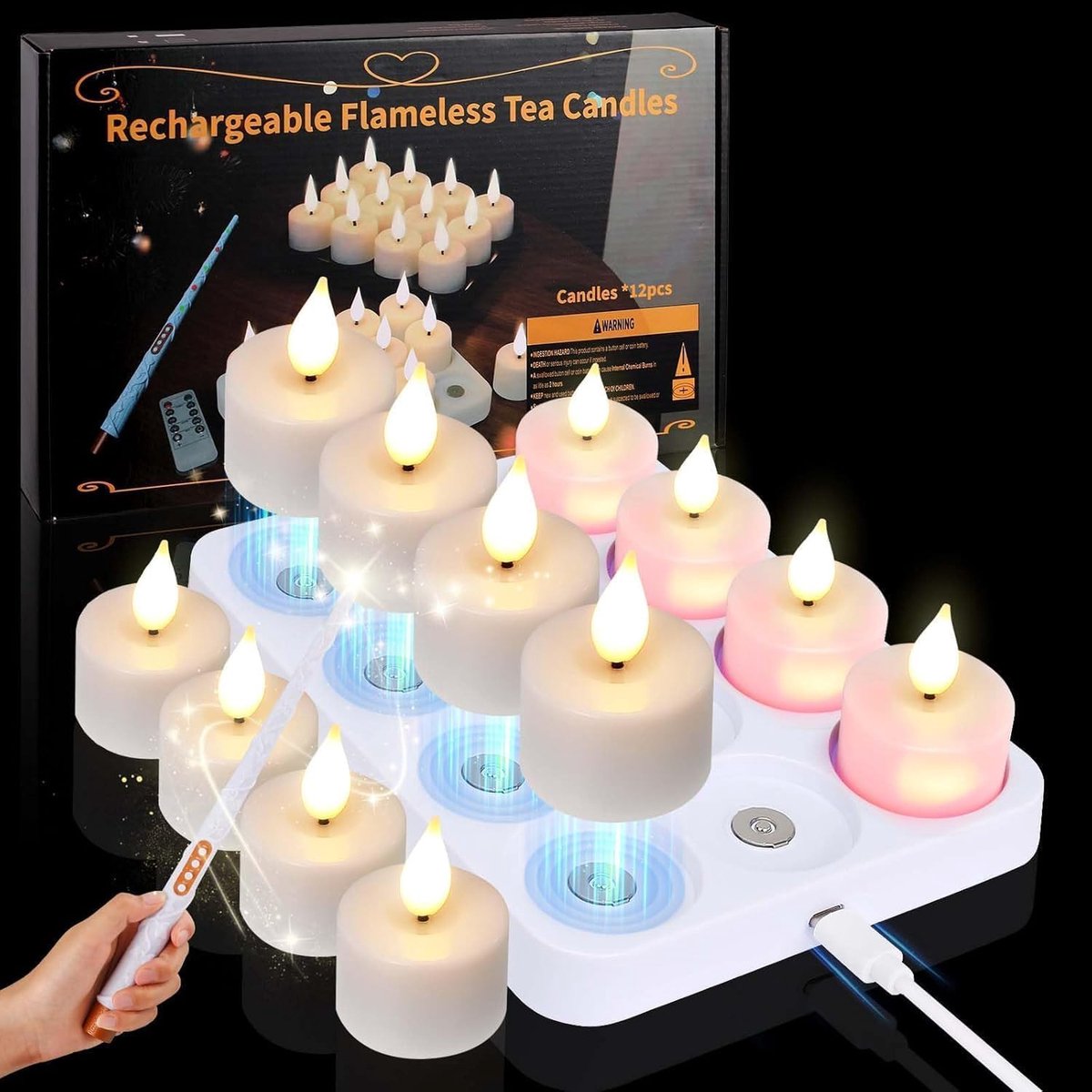 Flameless Candle with Magic Wand Remote Control and Magnetic Charging Base, Set of 12, Suitable for Christmas and - ShopVlot