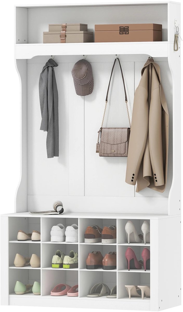 Emvae Kapstok - Halkast - Garderobekast - Schoenenkast met Haken - Hoedenplank - 12 Paar Schoenen - 100 x 35 x 172,2 cm - Wit