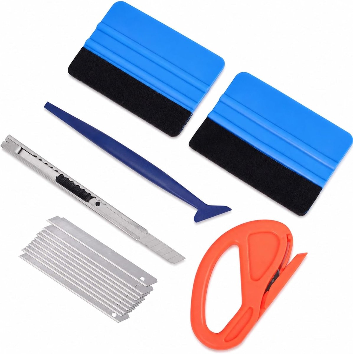 15 Folie Gereedschap Set Blauw, Rakels Snijmes Auto Ramen | Set 15-delig blauw viltrakel krasvrij strijken, verstelbaar snijmes reservebladen voor folie auto, ramen en meubels