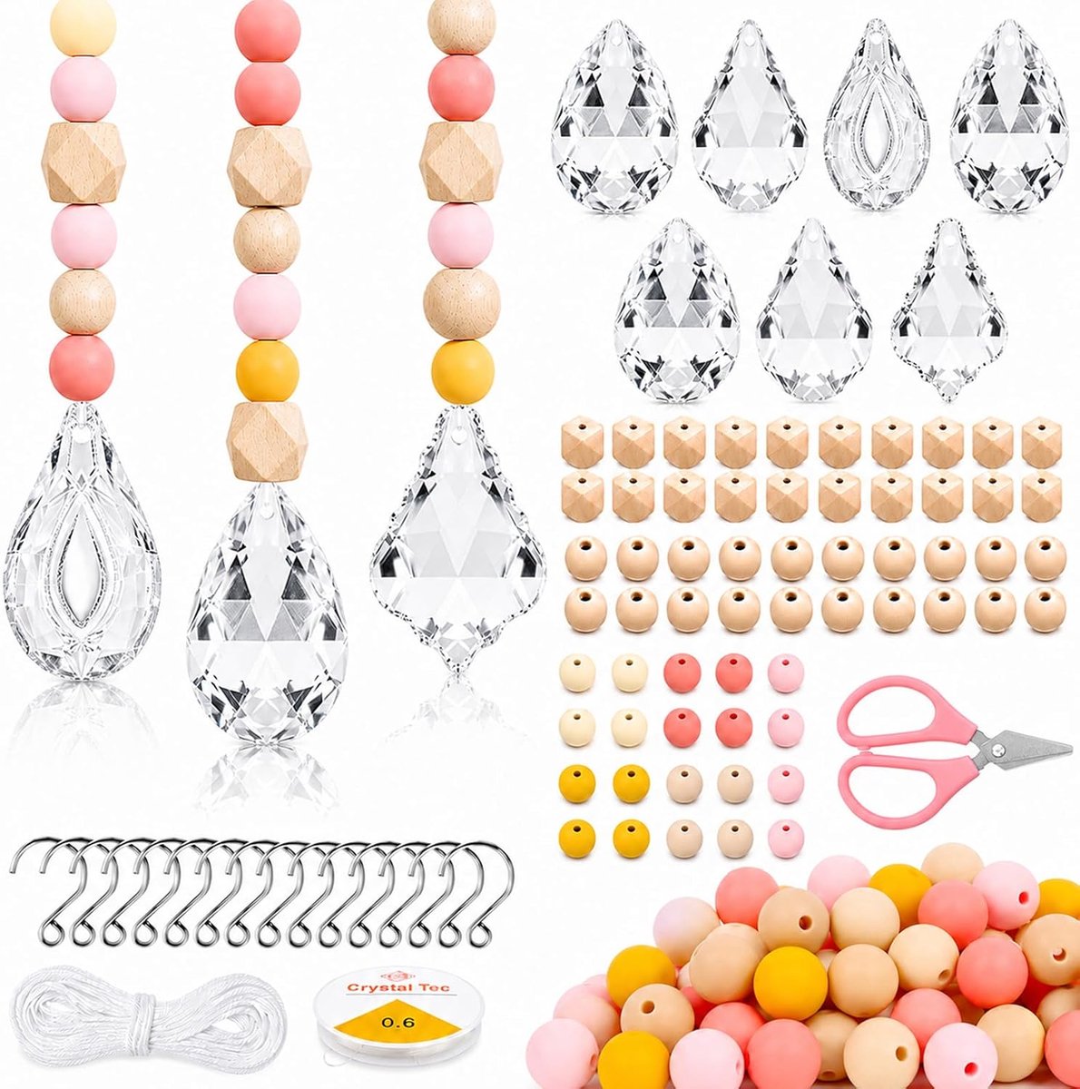 Zonnevangers kristal 38 mm zonnevanger knutselen | Suncatcher Kristallen set met houten kralen en siliconen kralen om op te hangen, voor ramen, huis, tuin, windgong