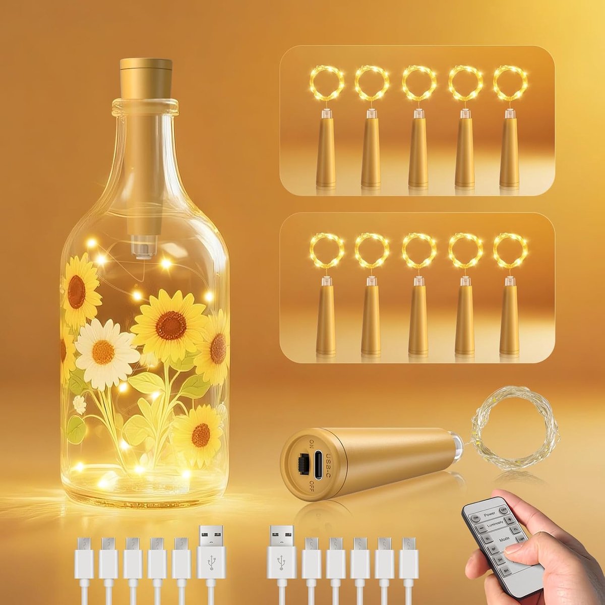 Flessenlicht met timer, 10 stuks flessenlichtketting met kurk, 2 m, 20 leds, USB-afstandsbediening, lichtketting voor binnen, voor doe-het-zelf flessen, Kerstmis, Halloween, feestdecoratie