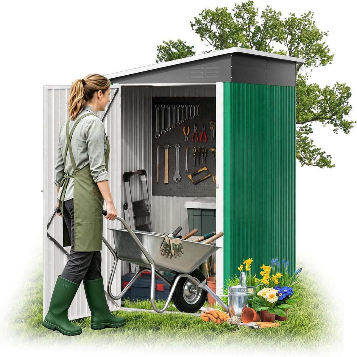 Gereedschapsschuur metaal 4 m³ tuinhuis pootdak | Tuinhuisje verzinkt staal 180 x 117 x 162 cm met afvoeropening grendel voor binnenplaats, groen