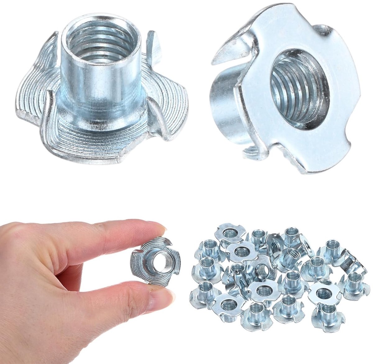 T-moeren, M10 x 13 mm, schroefdraadinzetstuk met 4 klauwen, voor hout/klimmen/meubels, koolstofstaal, corrosiebestendig
