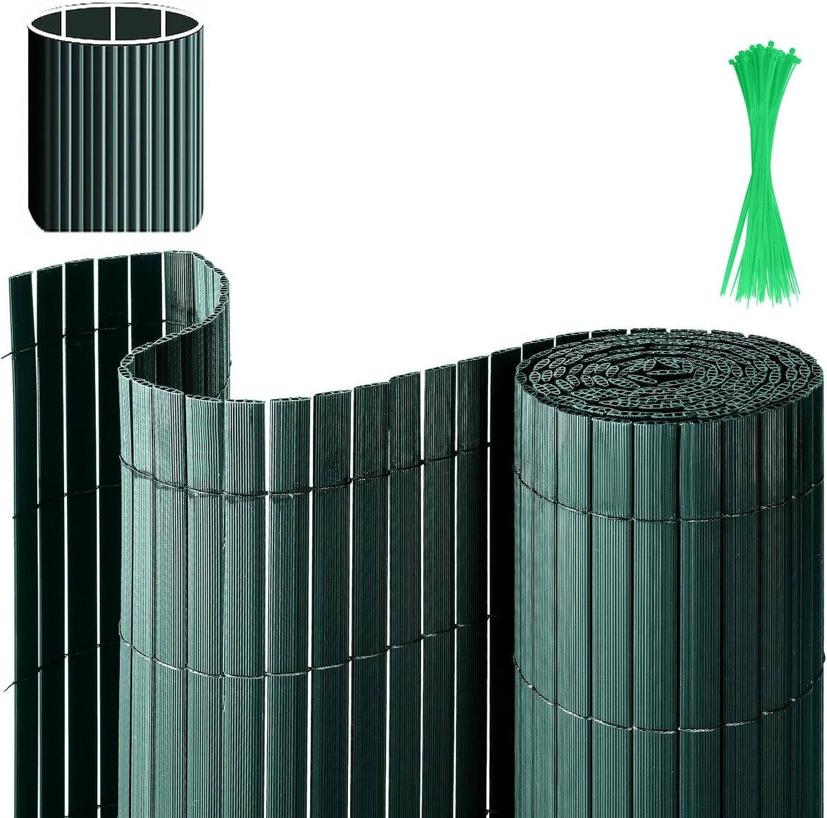 PVC Inkijkwerende mat, 80 x 600 cm, drie ribversterkingen, inkijkbescherming met kabelbinders, binnen versterkte lamellen, windscherm, balkon, inkijkbescherming voor hek, tuin, terras, groen