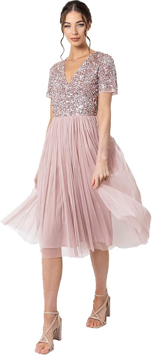 Deluxe Maya Deluxe Dames Midi Jurk voor Bruiloft Gast Faux Wrap Womens Avondjurk Bruidsmeisje Prom Roze V-hals Pailletten dames Bruidsmeisjesjurk