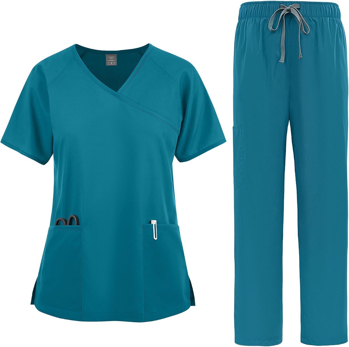 Set Womens Korte Mouw V-hals Top Tie Taille Rechte Been Broek Verstelbare Medische Uniform voor Verpleging DK89