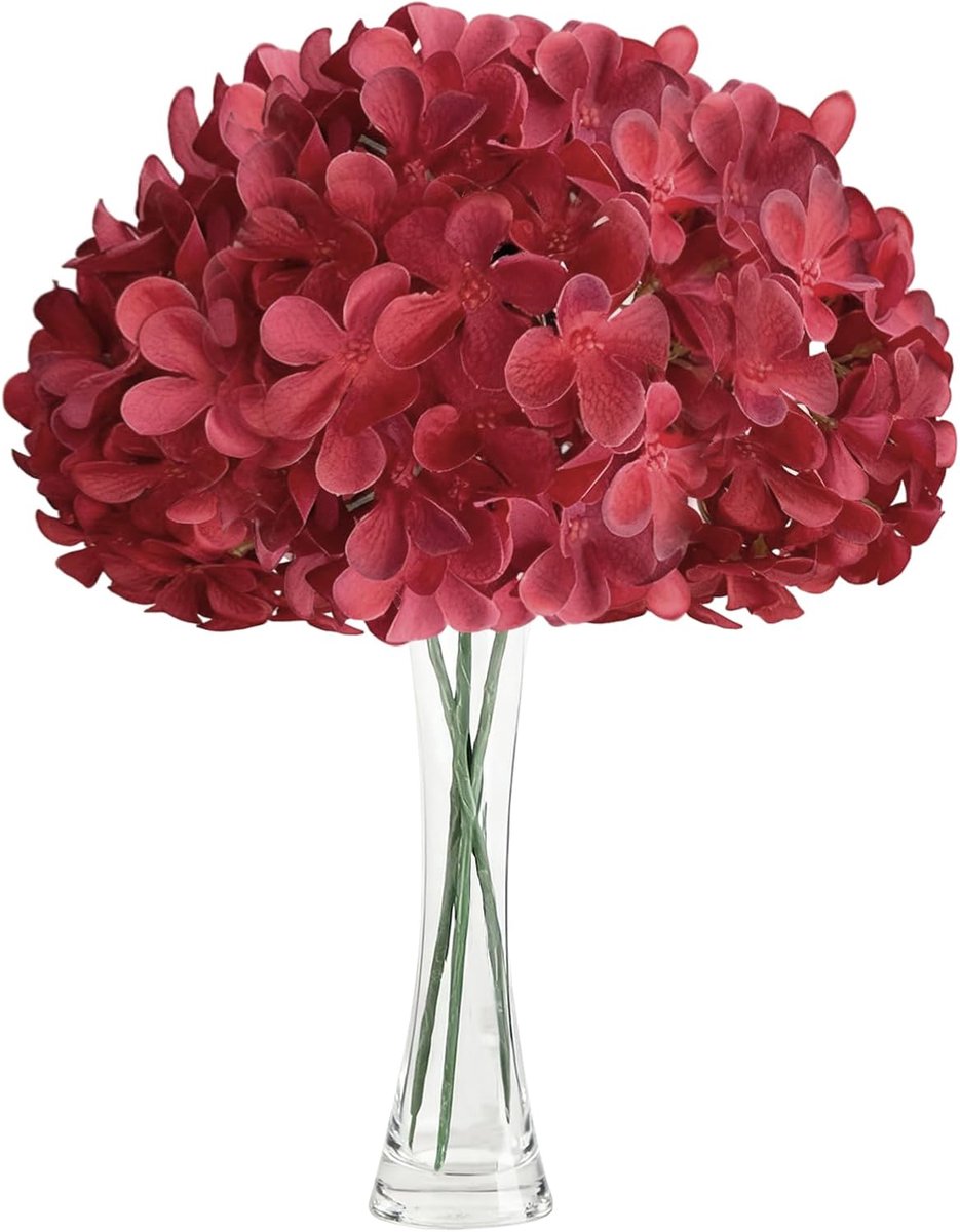 Kunstbloemen, 3 stuks, 68 cm, kunstbloemen, ziet eruit als echt realistisch gevoel, kunstmatige hortensia's voor bruiloften, kantoren, cafés, woondecoratie, keuken (rood)