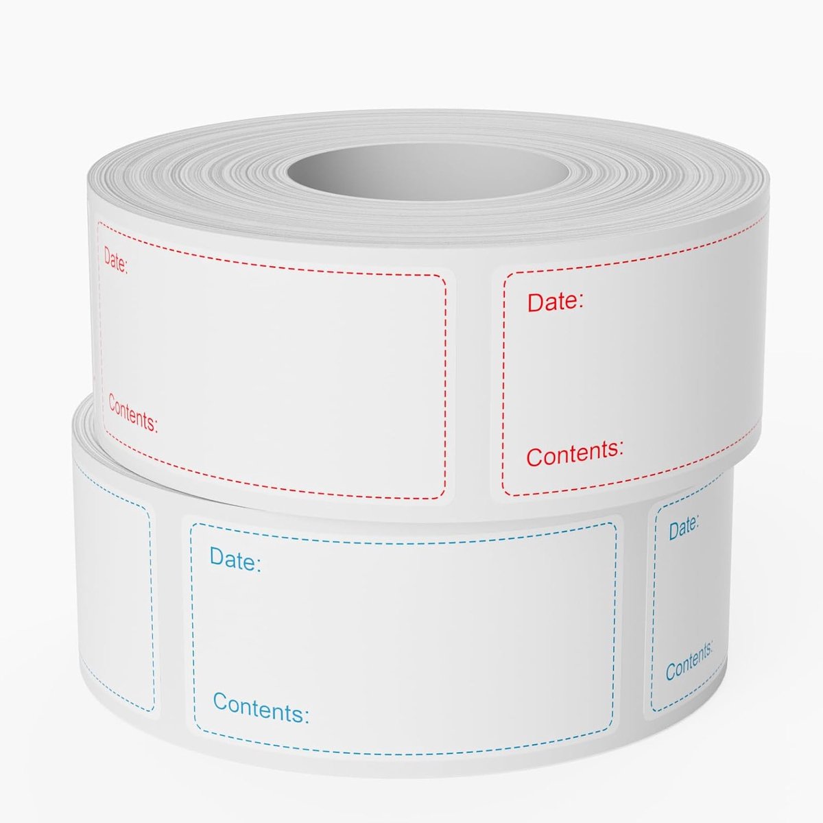 2 rollen met 1200 diepvriesetiketten (75 x 25 mm), zelfklevend, verwijderbaar | Laat geen residu, oliebestendig en waterdicht, voedseletiketten voor potten, voorraadkasten en containers (rood en blauw)